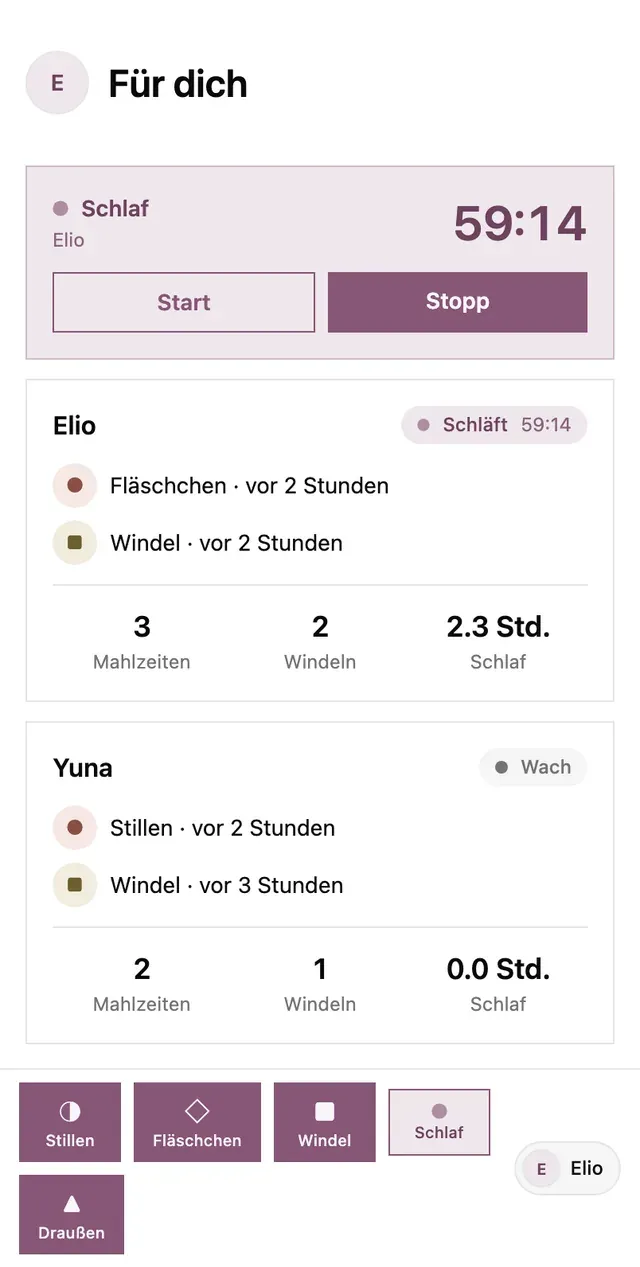 Der lindly-Startbildschirm mit laufendem Schlaf-Timer und Status pro Kind