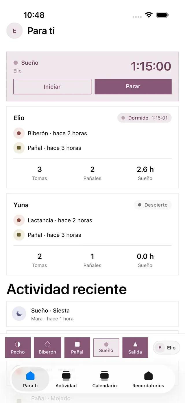 La pantalla de inicio de lindly con un temporizador de sueño en marcha y el estado por cada niño