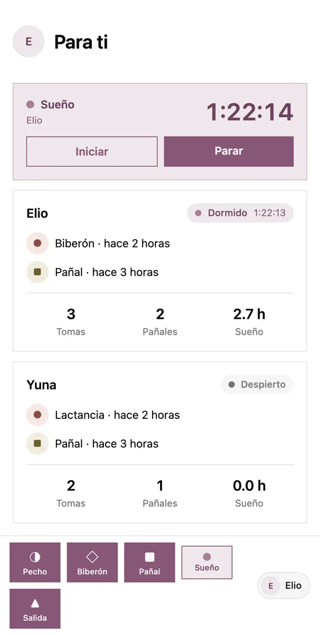 La pantalla de inicio de lindly con un temporizador de sueño en marcha y el estado por cada niño