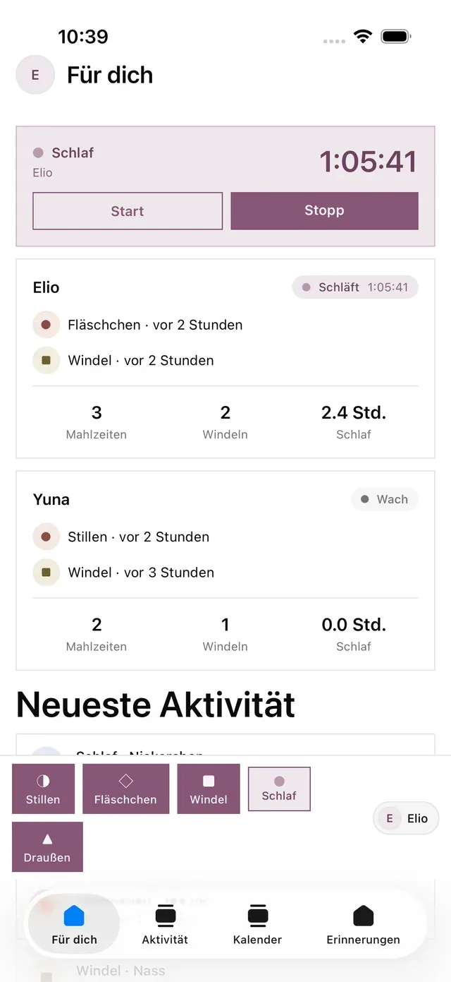 Der lindly-Startbildschirm mit laufendem Schlaf-Timer und Status pro Kind